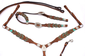 zestaw lptrick bridle + napierśnik turkusowy, ze srebrnym koncho