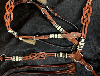 zestaw lptrick bridle + napierśnik z węzłami celtyckimi i akcentami z plecionej surowej skóry