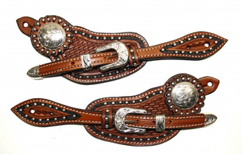 Sporenriemen - US Leather - Two Tone - Tooled - Dots - graviertes Buckle Set & Conchos