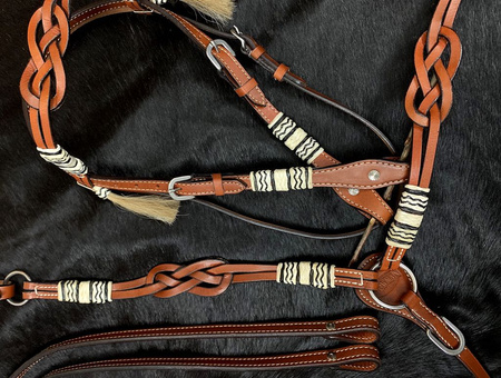 Zestaw LpTrick ogłowie + napierśnik z węzłami celtyckimi i akcentami z plecionej surowej skóry