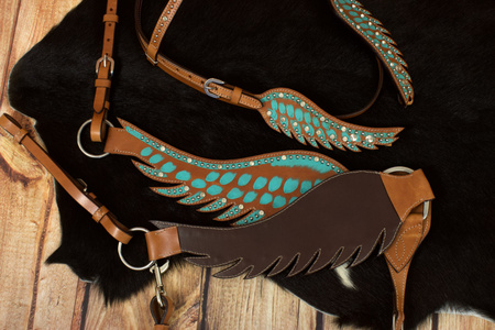 zestaw lptrick uzda + napierśnik, turkusowe z kryształkami, w kształcie skrzydeł