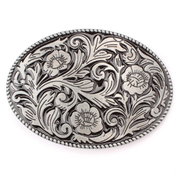 "AE" Belt Buckle - Oval - Flower / Grey-Silver