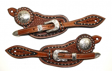 Sporenriemen - US Leather - Two Tone - Tooled - Dots - graviertes Buckle Set & Conchos