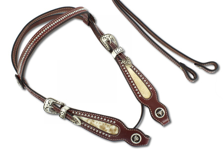bridle westernowe lptrick z wkładką z prawdziwego włosia, nitami i srebrnymi, miedzianymi klamrami