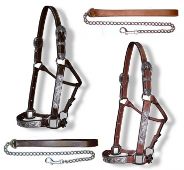 Show Halfter mit Kette/Leine - Silber - MITTEL oder DUNKEL - verschiedene Größen