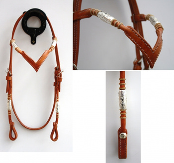 "EE Tack" - Kopfstück - Harness - Round End's - Silver Pipe's / Rawhide - "V" Stirnband