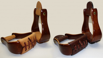 "Double CC" Deluxe Holzsteigbügel - Lackiert - helles oder dunkles Trittleder - DUNKEL - TWO TONE - GESCHWUNGENE Ausführung